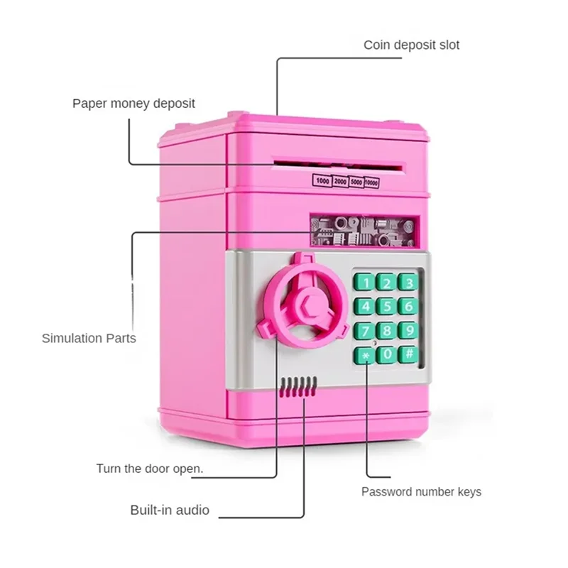 Hot Selling-Electronic Piggy Bank Automatic Mini Security Coin Cash Savings Box Password Key Lock Bank ATM Gift For Children,Ele 6