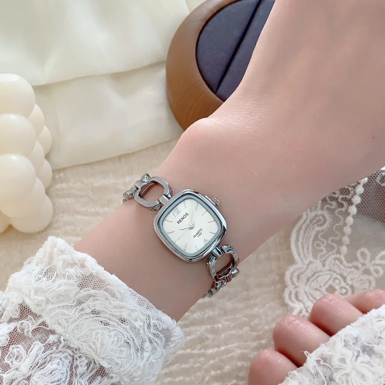 Silver Openwork Square Bracelet Women's Minimalist Wristwatch - High-Quality Elegant Timepiece