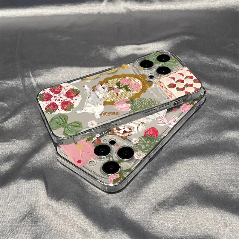Korean Painted Cat Strawberry Case - Artistic Design Protective Phone Cover