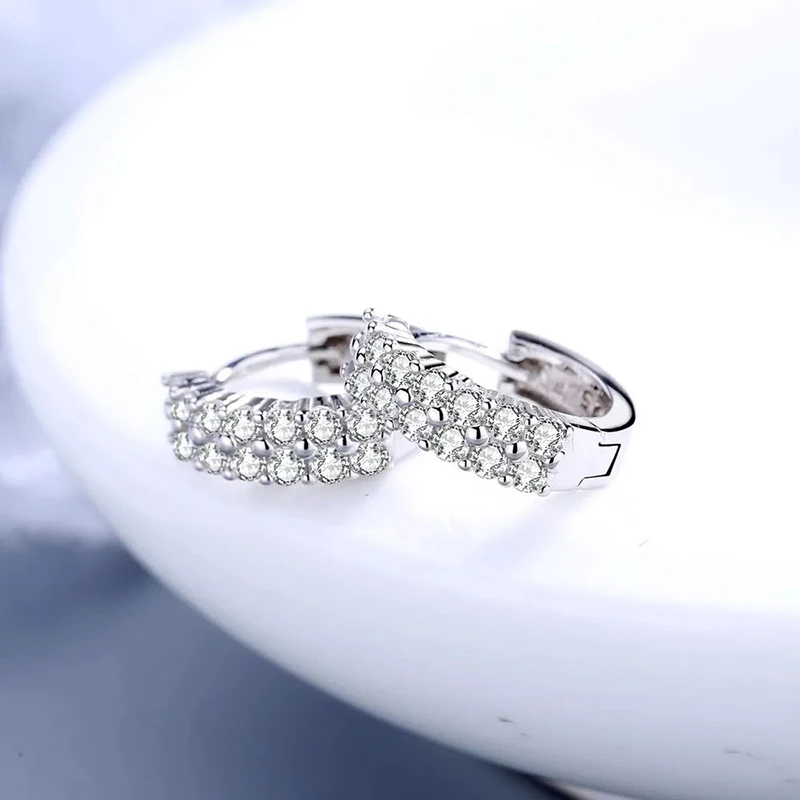 High Quality 925 Sterling silver Double row crystal Round Earrings Stud for women Fashion designer Jewelry Couple Gifts 6