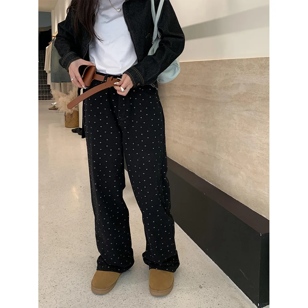

2023 Autumn Black Polka Dot Flower Jeans Women Wide Leg Denim Pants For Women