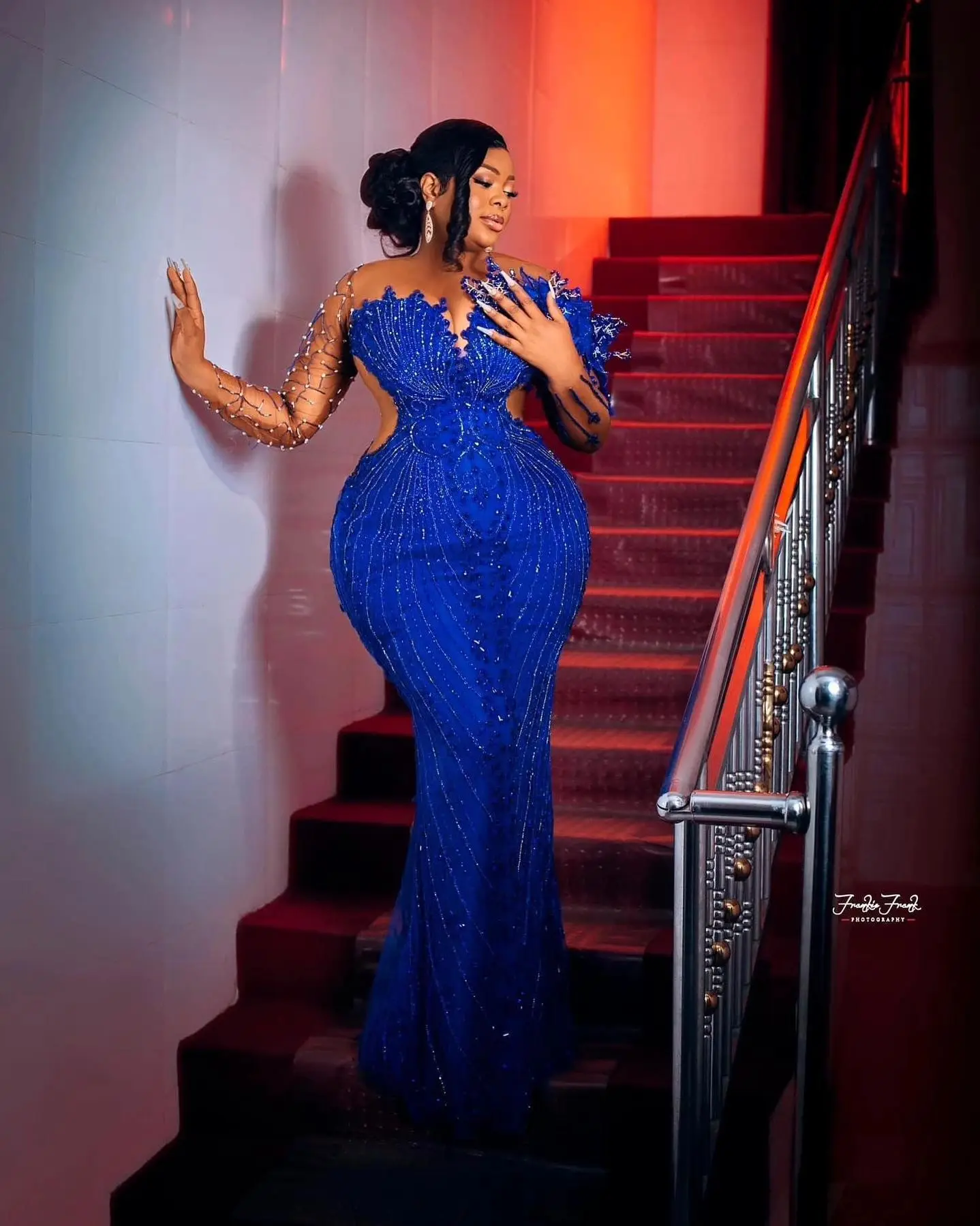 African Royal Blue Beaded Lace Mermaid Wedding Gowns With Detachable Train Shiny Aso Ebi Long Prom Dresses Full Sleeves Gowns