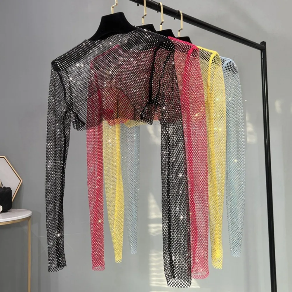 

Round Neck Short Top New Long Sleeved Camisole Bottoming Shirt Colorful Rhinestone Sun Protection Shirt Summer