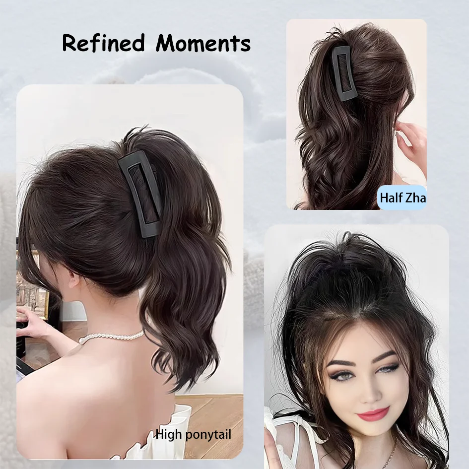 Synthetic 14 inch wig, ponytail, female braid, sweet and cool Korean shark clip, curly hair, semi tied high ponytail, grab clip