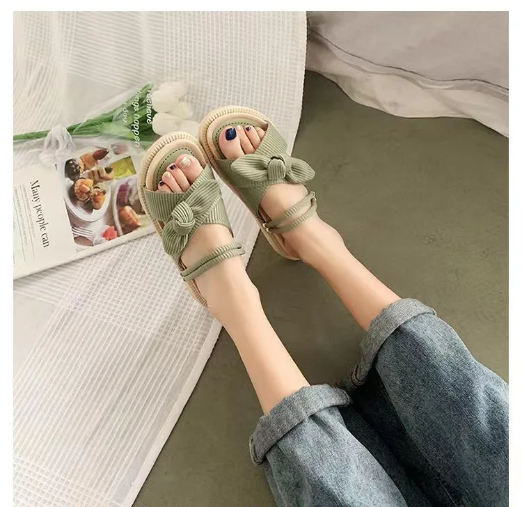 New Style Fairy Style Lady Summer Slippers Thick Platform Flat Sandals with Butterfly-Knot Summer Flip Flops Sandals Women