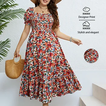 Plus Size Summer Floral Off Shoulder Dress Women High Waist Slim Fitting Holiday Party Dress
