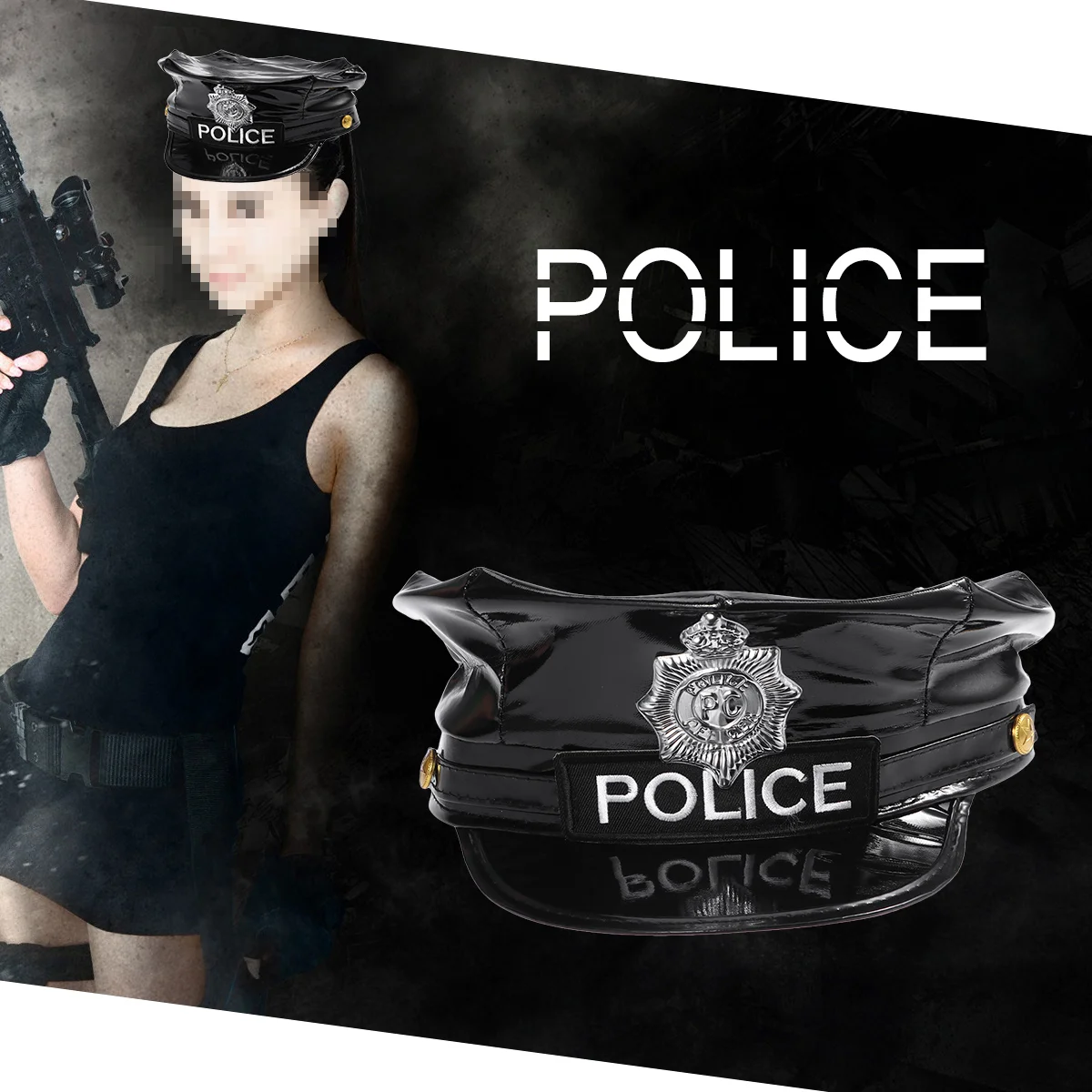 

Badge Octagonal Police Hat Black Captain Flat Top Stage Performance Caps