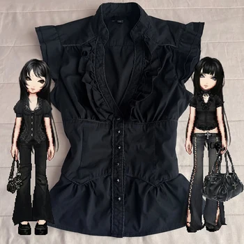 Fashion Solid color Casual Women Y2K shirt Slim V-Neck Summer Short Sleeve T-shirt Aesthetics Punk Streetwear 1