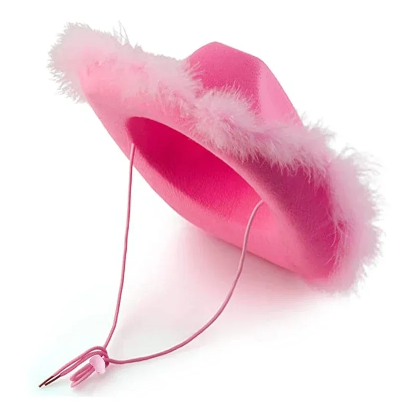Beautiful Wide Brim Pink Cowgirl Hat Feather Brim Cowboy Hat All-match for Carnival Cosplay Street Shooting Шапка Женская 3