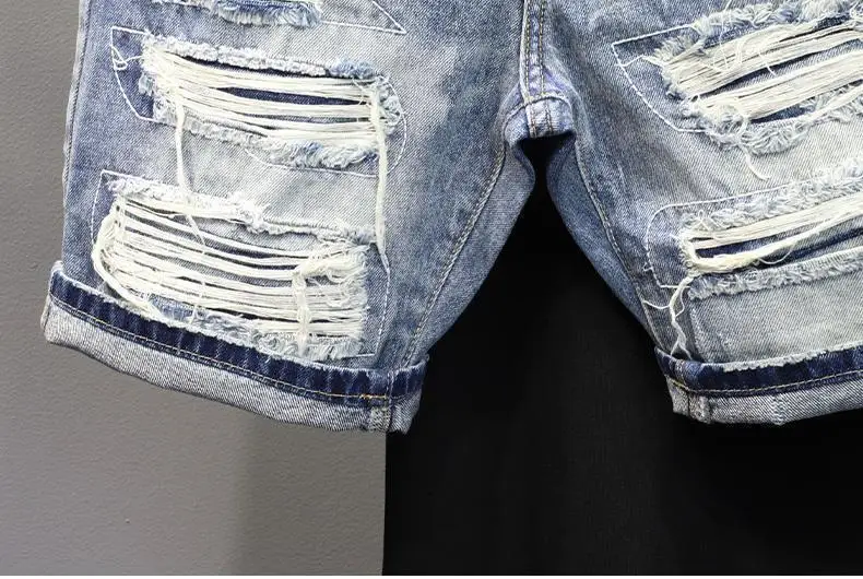 Denim Shorts 2025 Men's Summer Thin Ripped Patch Beggar Pants Cat Whisker Needle Sewing Slim Small Feet Short Jean Medium Pants