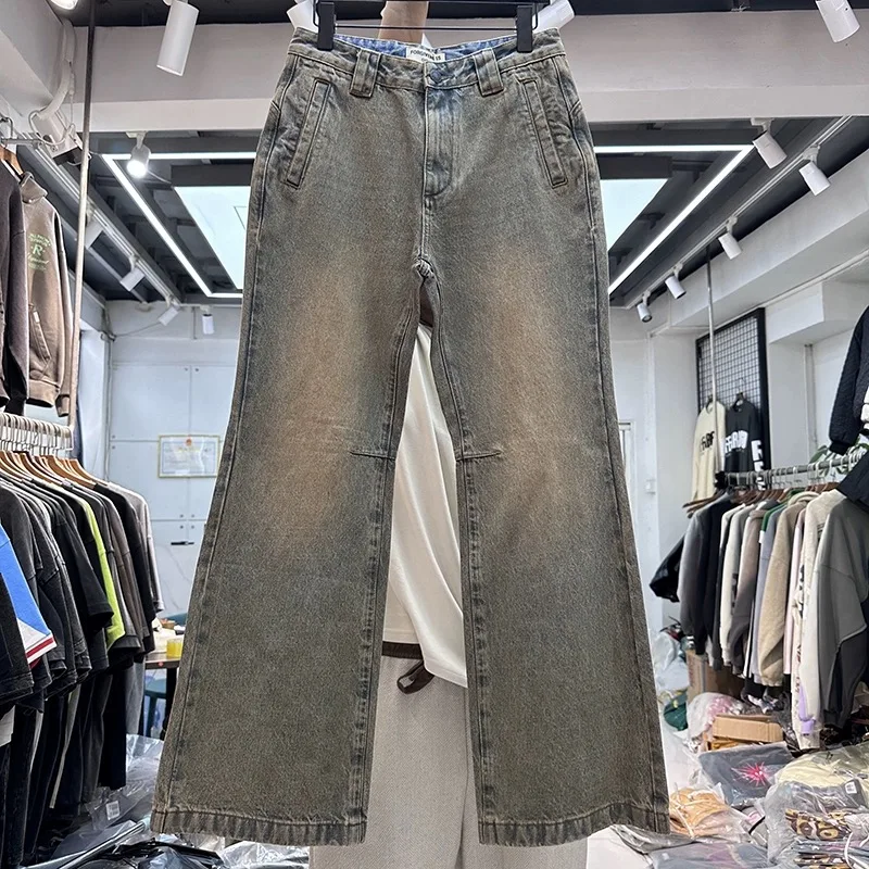 

Vintage Yellow Mud Washed Baggy Casual Mens Jeans Wide Leg Streetwear Ropa Hombre Denim Trousers Oversized Unisex Cargo Pants