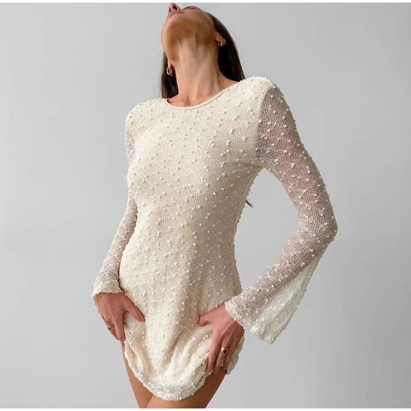 Sexy Backless Jacquard Mini Dress Women Flare Long Sleeve Lace Up O-neck Party Dresses 2025 Lady Slim Evening Beach Gowns New