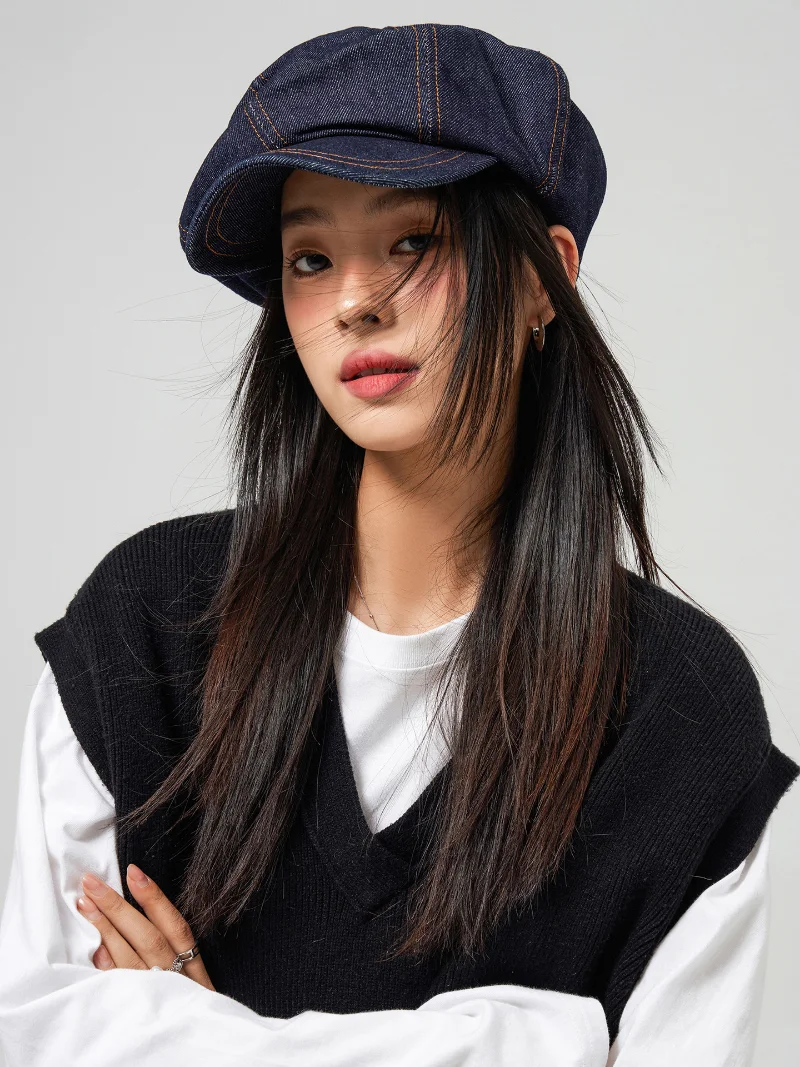 Y2K Big Size Women Girl Berets Hat Gothic Punk Denim Beret Hats Ladies Street Cool Hip Hop Rock Beret Caps