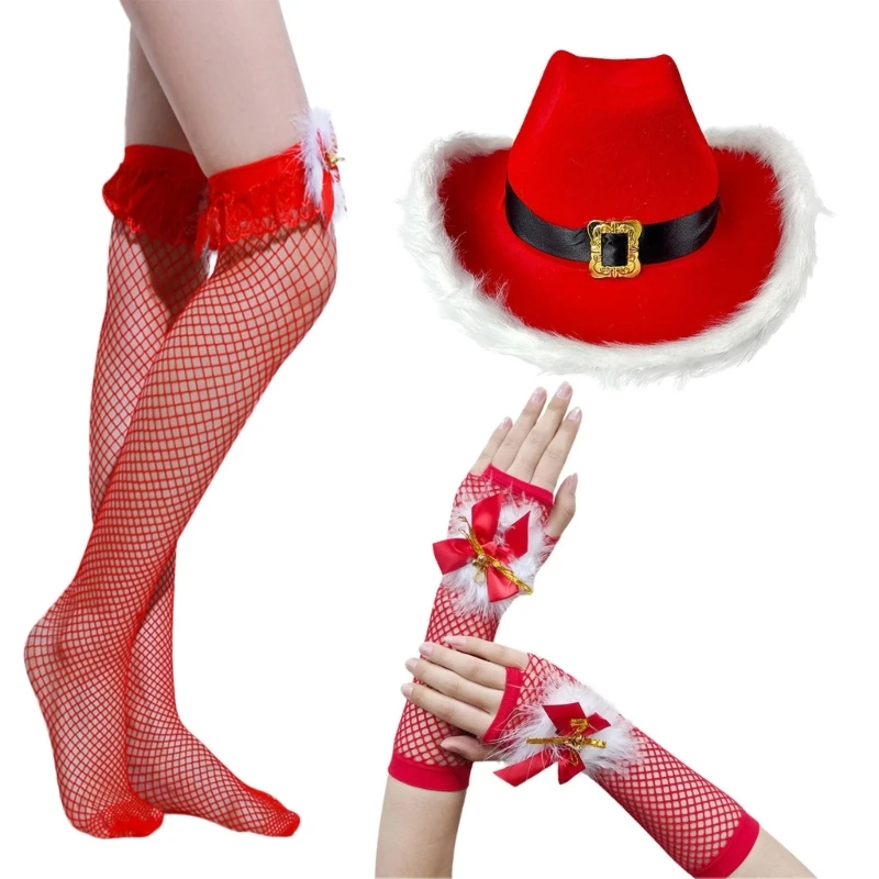 Chapeau Cowboy Sexy avec plumes, gants poignet en maille, bas, accessoires Photo, chapeau Cowboy noël,