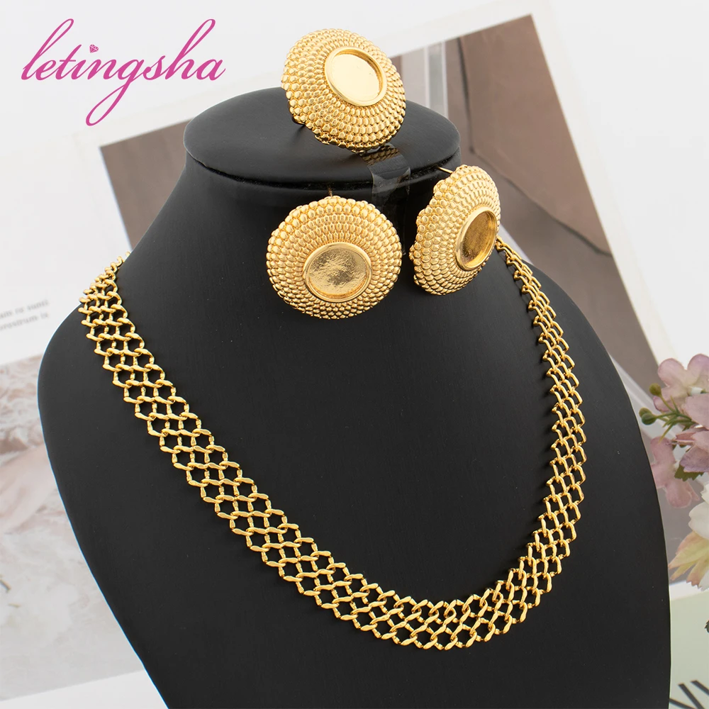 

Dubai Luxury Round Jewelry Set for Daily Wear Gift African Fashion Necklace 18K Gold Plated Earrings Ring Set for Elegant Ladies
