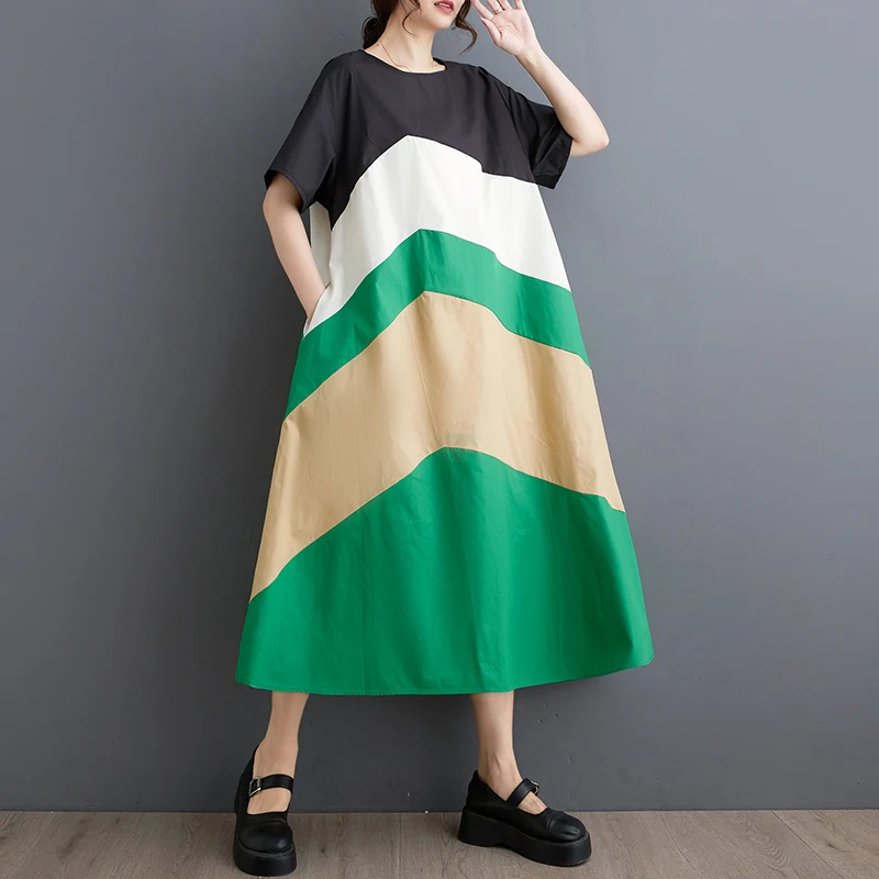 

European American Style Patchwork Short Sleeve Loose Chic Summer Dress Street Fashion Women Travel Casual Long Dresses