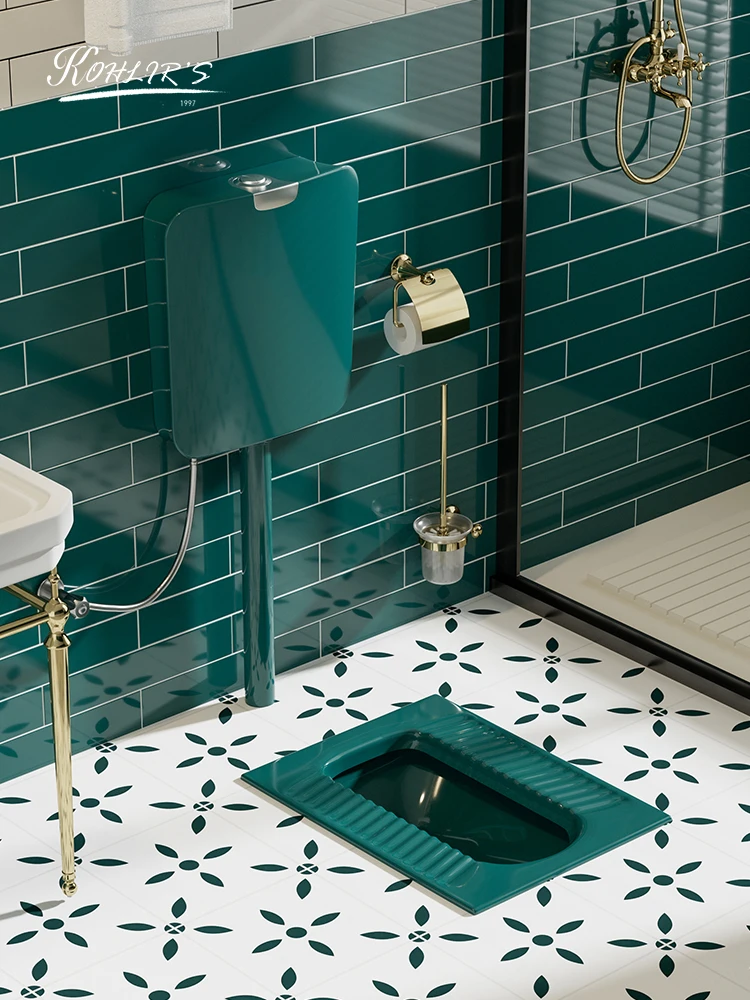 ~Retro dark green squat toilet household toilet with trap water tank complete set of ceramic squat pit type 2