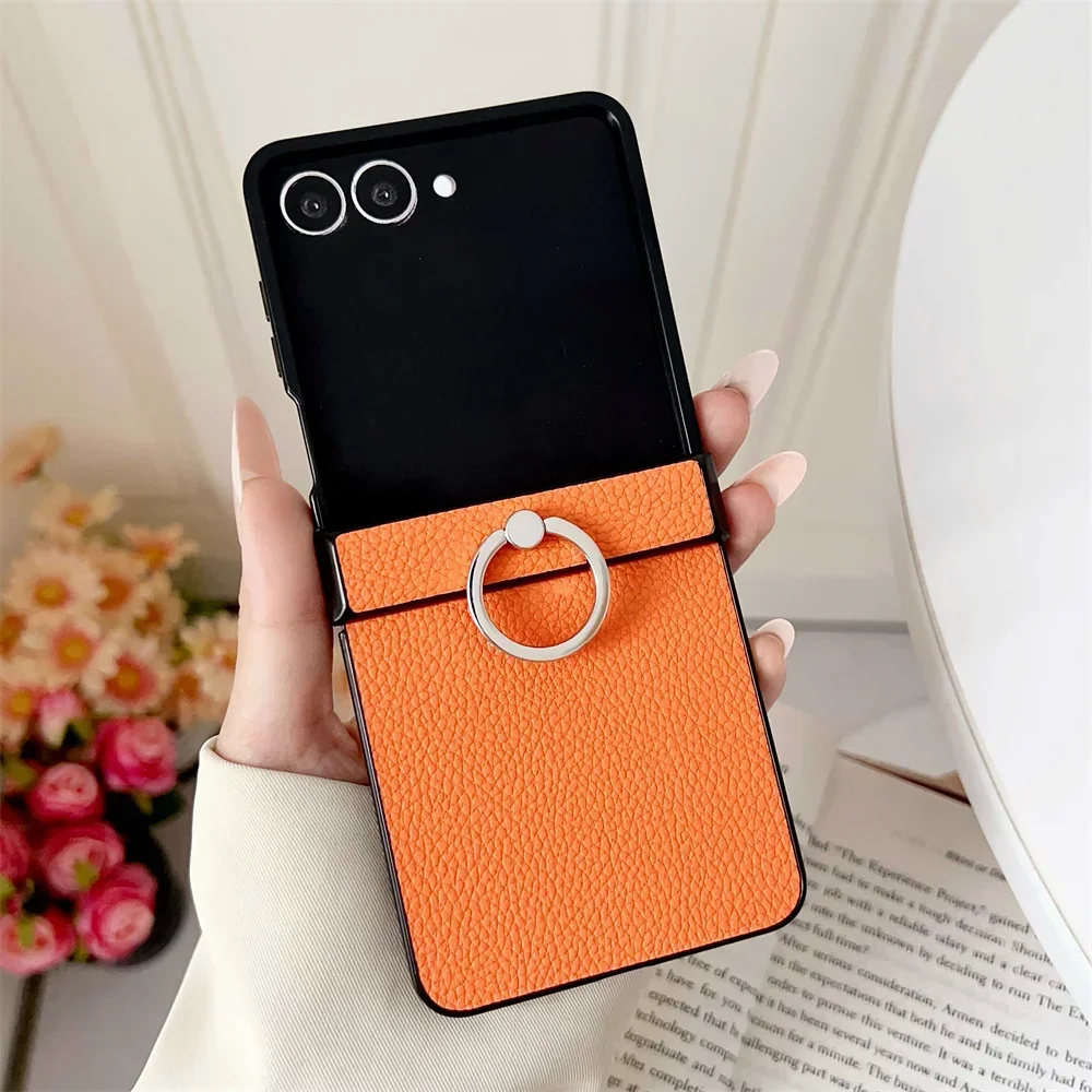 PU Leather Lychee Pattern Phone Case with Ring Holder and Hinge Protection