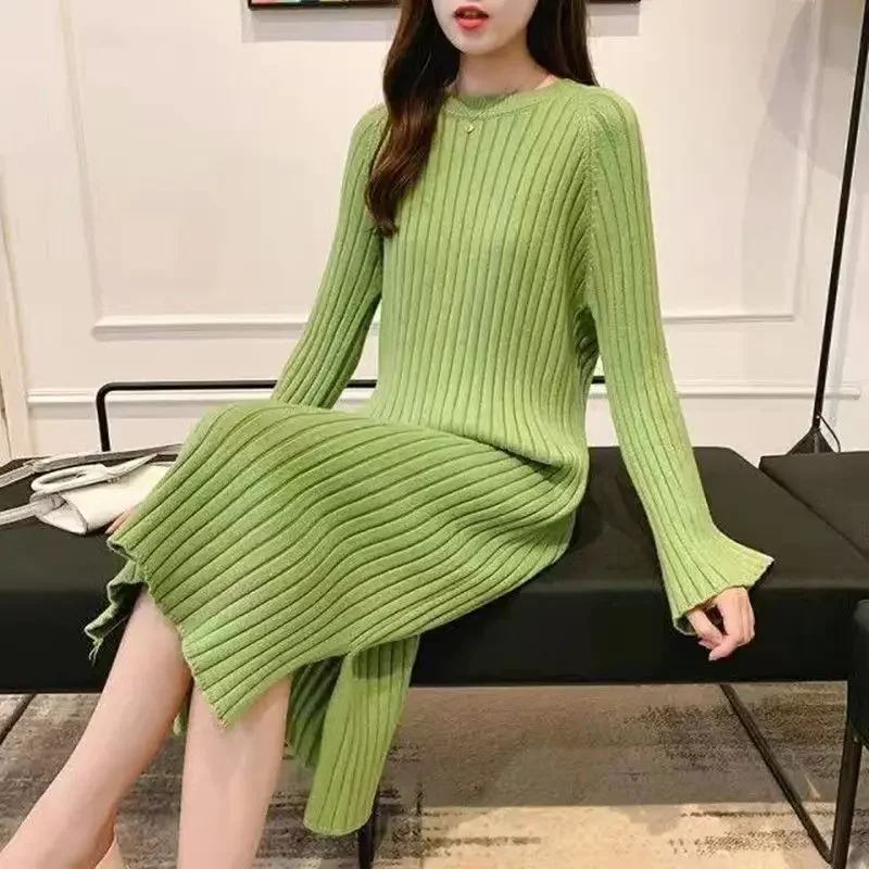 Female Knit Evening Dresses Midi Vintage Woman Knitted Sweater Dress Cheap  Casual Korean Fashion Free Shipping Loose Pink Green