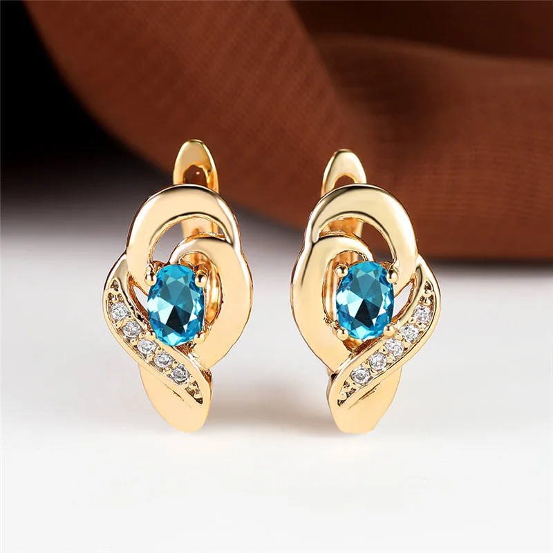 Elegant Pink Crystal Oval Stone Earrings Rainbow Zircon Hoop Earrings Trendy Gold Color Wedding Earrings For Women Party Jewelry