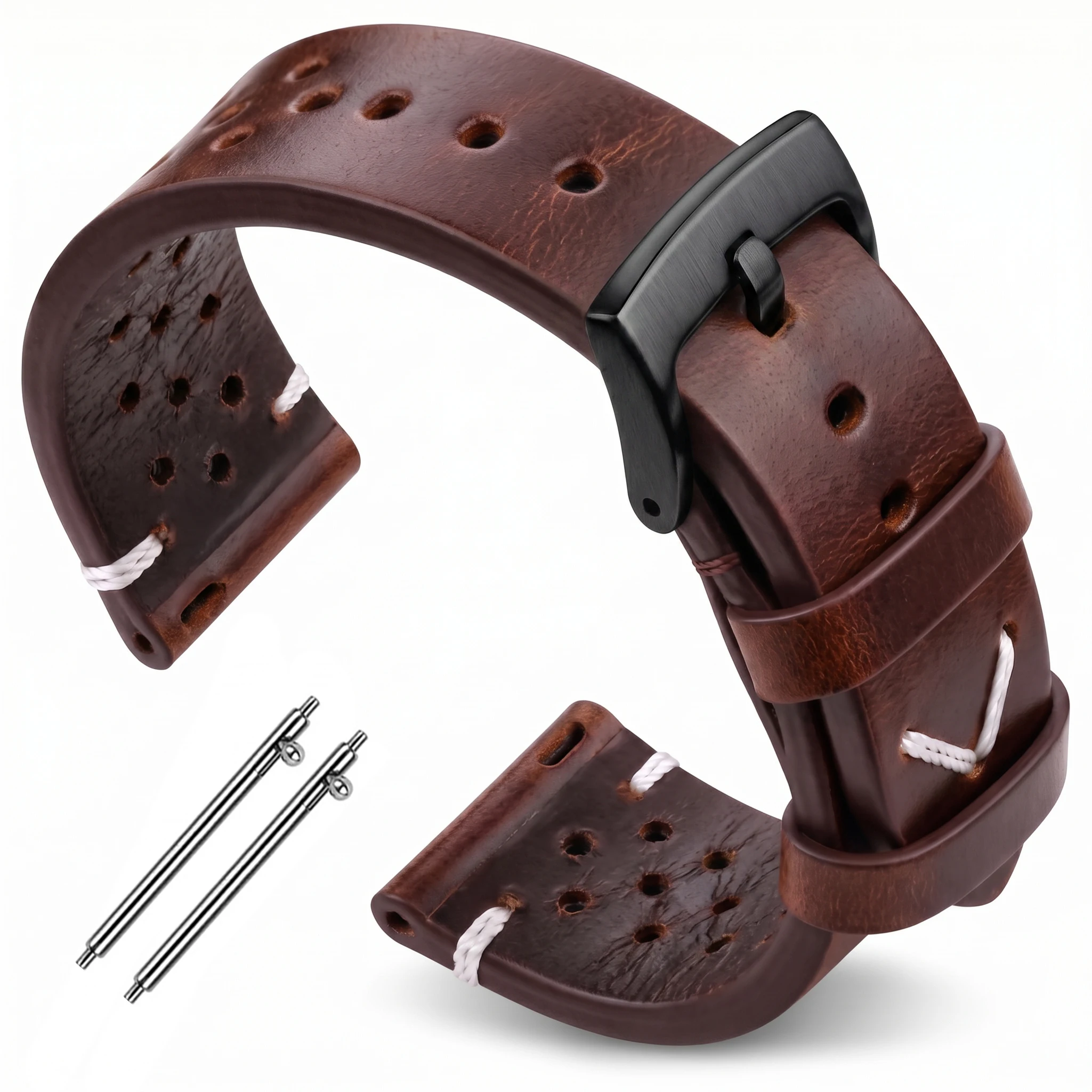 Vintage-Style Handmade Oil Wax Genuine Leather Watch Band for Men - Available in Black, Brown, Yellow, and Green