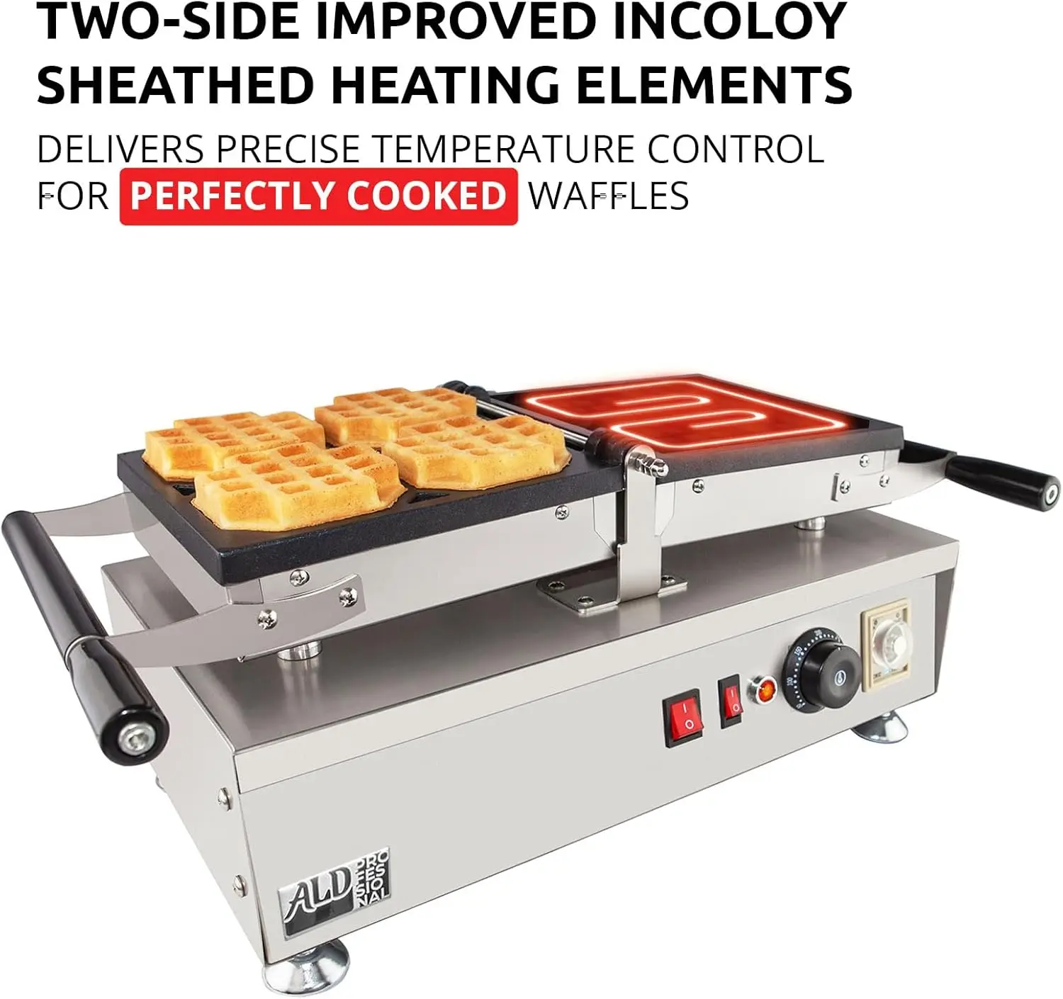Waffle Maker Thick Swing Type 4 Pcs Professional Use Removable Plates with Nonstick Coating 110V 14"D x 23"W x 12"H 3