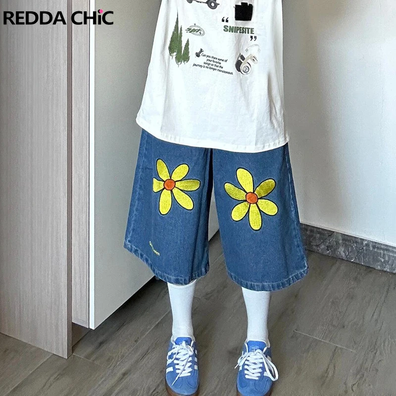 Reddachic Blue Bloom Jeans Larghi Jords Donna Uomo Casual Pantaloncini Di Jeans A Gamba Larga Boyfriend Pantaloni Oversize Vintage Y2K Streetwear