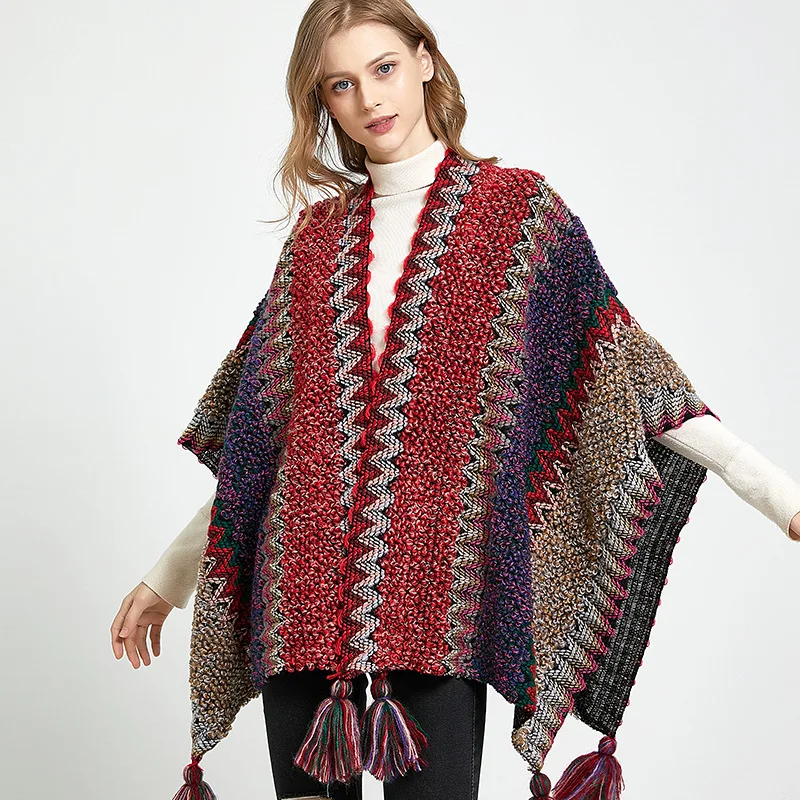 

Ethnic Cape Travel Cape Bohemian Pattern Scarf Tassel Women Thickened Warm Retro Spring Cape Cardigan Coat Ponchos and Capes