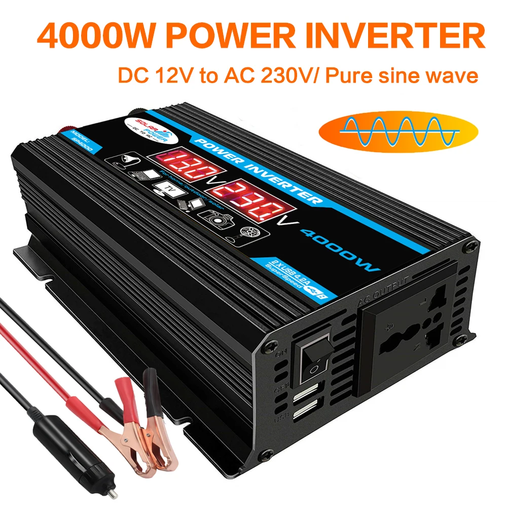  4000W Pure Sine Wave Inverter,24V to 220V, Power Voltage  Transformer,LCD Display,with Battery Cable,Multiple Protection,24V-220V-4000W  : Automotive