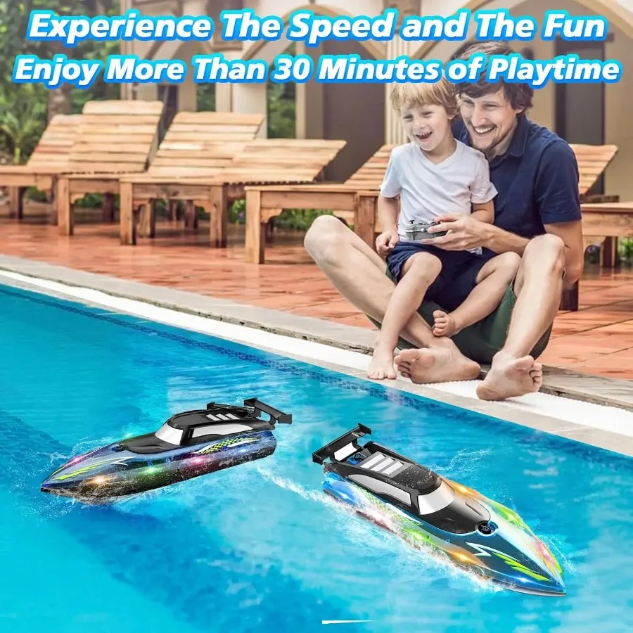 RC Boat with LED Lights 2.4Ghz Full Size for Pools and Lakes 30 Minutes Run Time Pool Toys