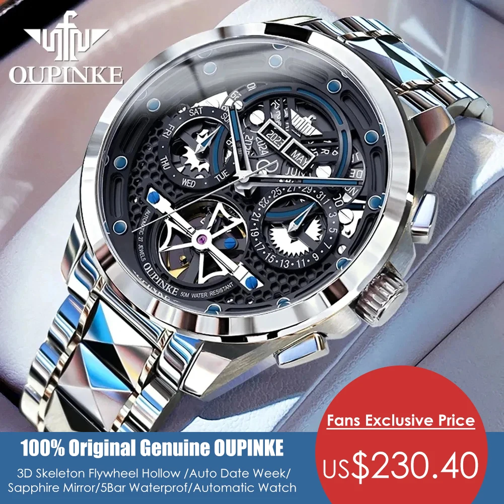 OUPINKE Automatic Mechancial Watch for Men Luxury Swiss Certificated Brand Men's Wristwatches Skeleton Hollow Fashion Man Watch