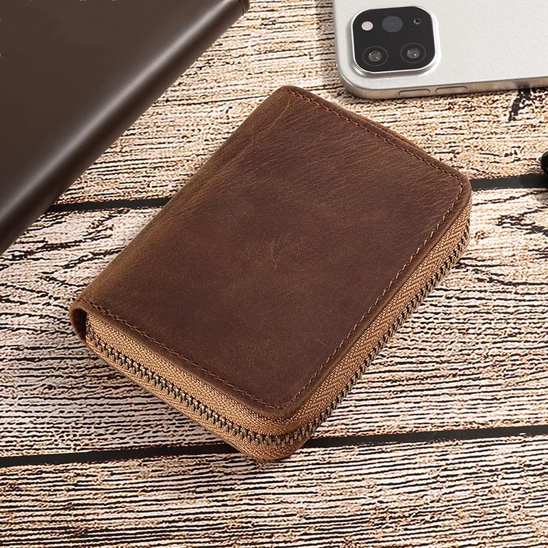 Crazy Horse  RFID Anti Magnetic Card Bag Large Capacity Card Holder Organ Bag Clip Multi Card  Genuine Leather Coin Wallet