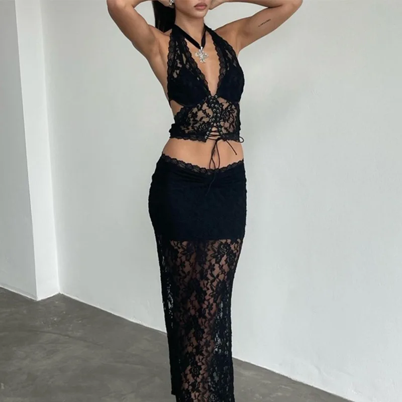 Gtpdpllt Hater Sheer Lace 3 Piece Sets Crop Top+Thong+Maxi Skirts Bandage Sexy Outfits For Women Dress Matching Sets