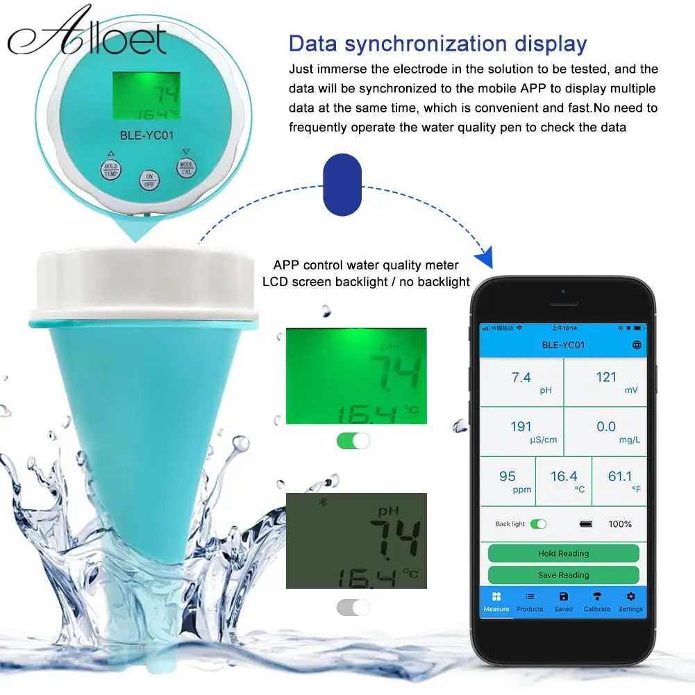 

6-in-1 Residual Chlorine Monitor PH/ORP/EC/TDS Water Monitor Testing Backlit LCD Display Smart Equipment Bluetooth-compatible