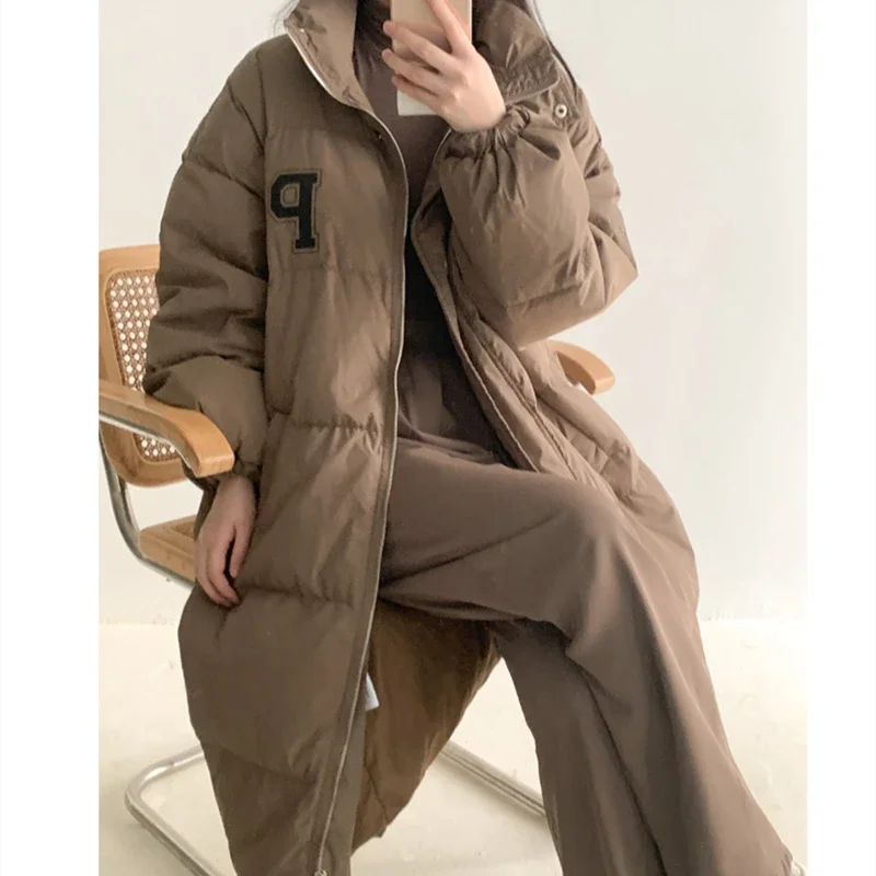 

Women's Mid-calf Stand Collar Warm Loose Coat Autumn Winter New Chic Fashion Female Zipper Quilted Long Sleeve Solid Jacket