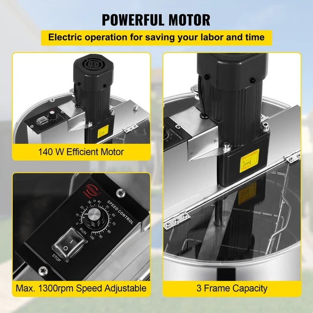 Vevor Mézkontraktor 3 Keret Elektromos Rozsdamentes Acél Méhsejt Fonó Forgattyúkás Méz -Centrifuga Méhészeti Felszerelés - Image 3