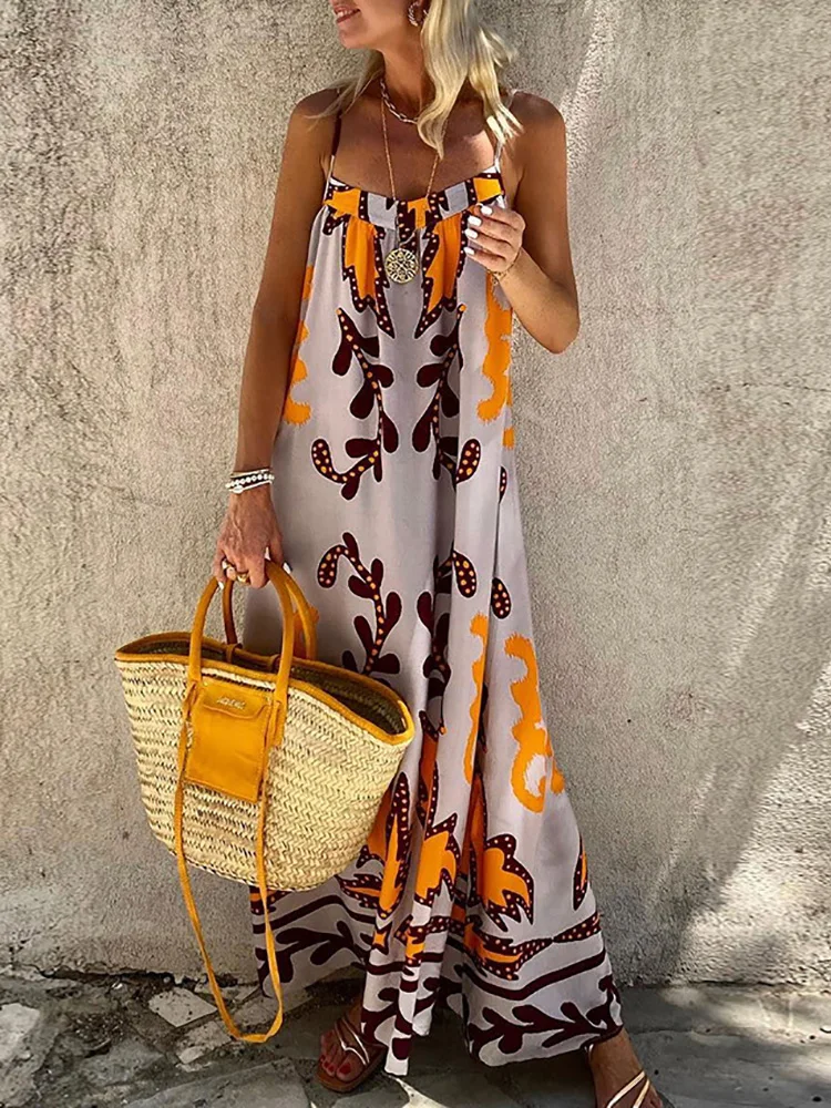 

Square Collar Spaghetti Strap Print Dress Loose Beach Lacing Up Backless Femme Dress Summer Women Casual Sleeveless Maxi Dress