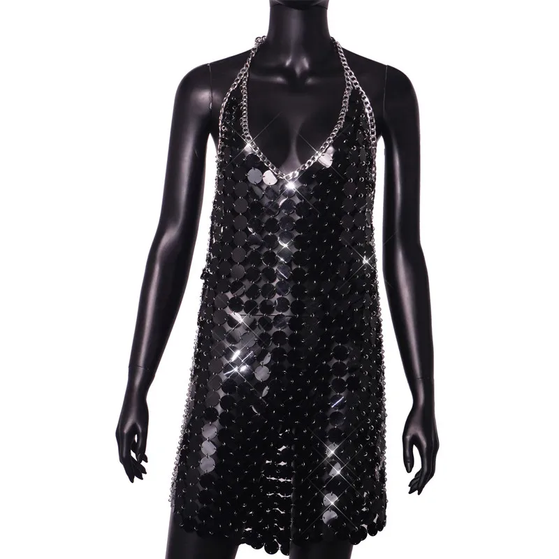 United States metal bead dress 2024 sexy nightclub pure handmade splicing long skirt