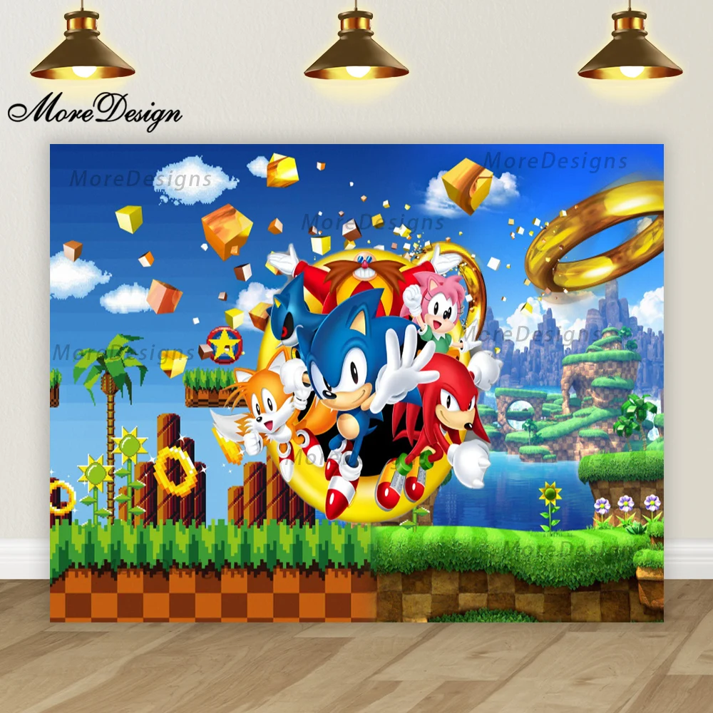 thumbnail image 1 of Fondo de fotografía con iluminación de Sonic Hedgehog, pancarta de cumpleaños para niños, decoración para fiesta de baby shower, fondo de vinilo de poliéster con dibujos animados, 1 of 5