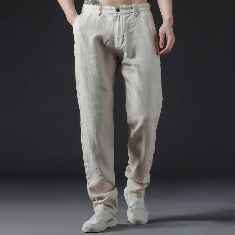 

Pure Linen Casual Trousers Business Fashion Pants for Men Spring New Midweight Solid Color Straight Trouser