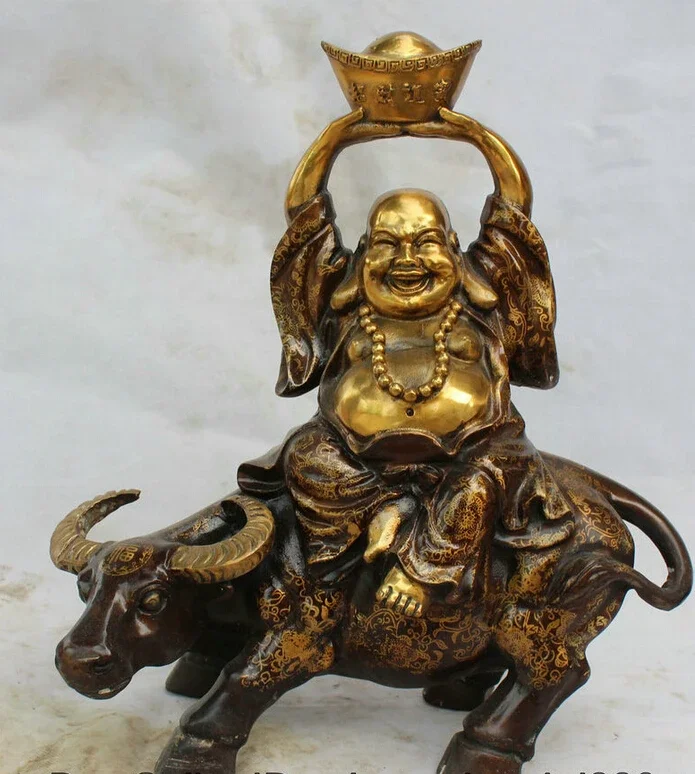 

15" Chinese Bronze Gild Wealth Seat Bull Oxen Happy Laugh Maitreya Buddha Statue
