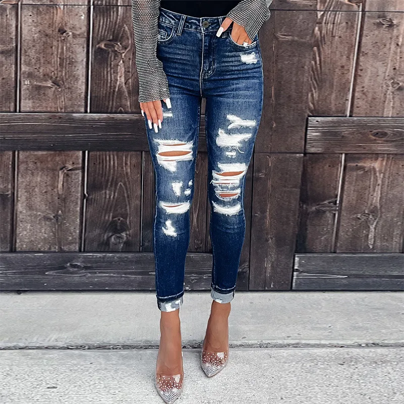 2022 Autumn New Ripped Jeans for Women High Waist Hole Slim-fit Demin Pants