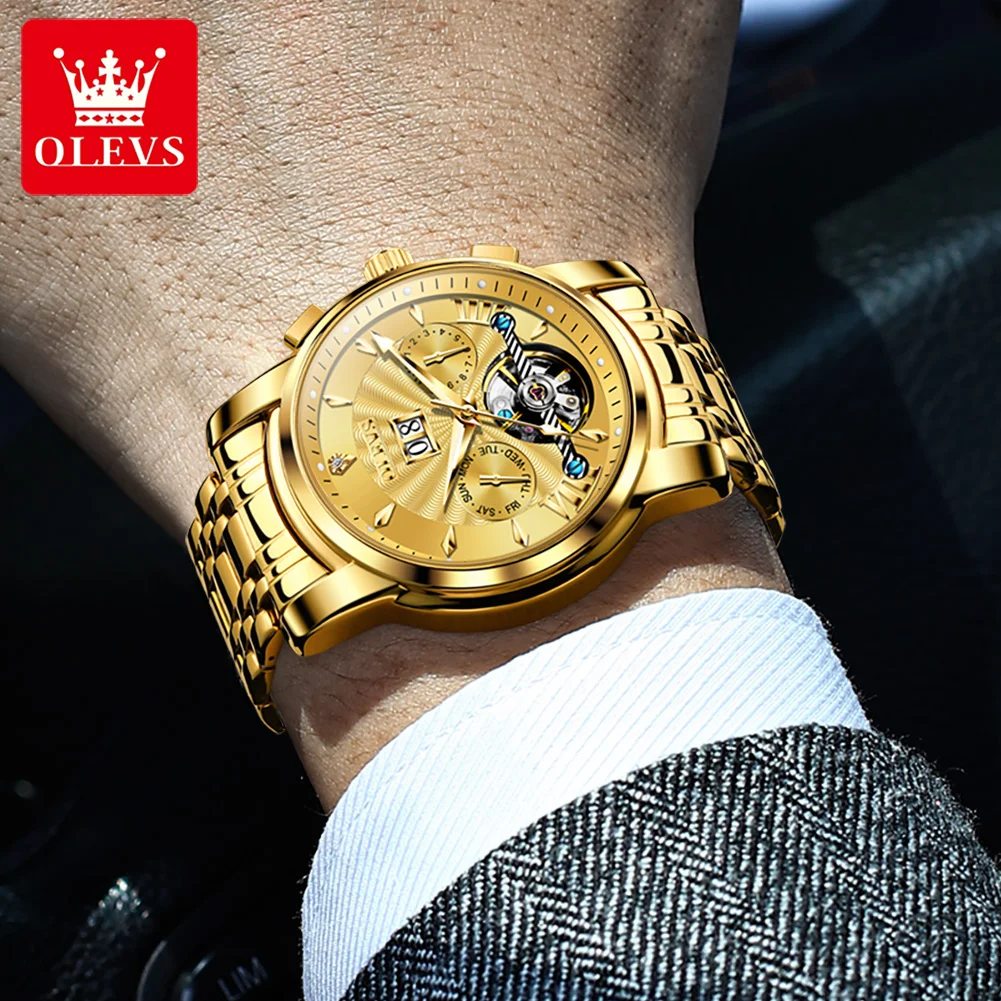 OLEVS 9965 Men's Watch Hollow Skeleton Luxury Automatic Wrist Watch Stainless Steel Strap Waterproof Mechanical Watch For Men