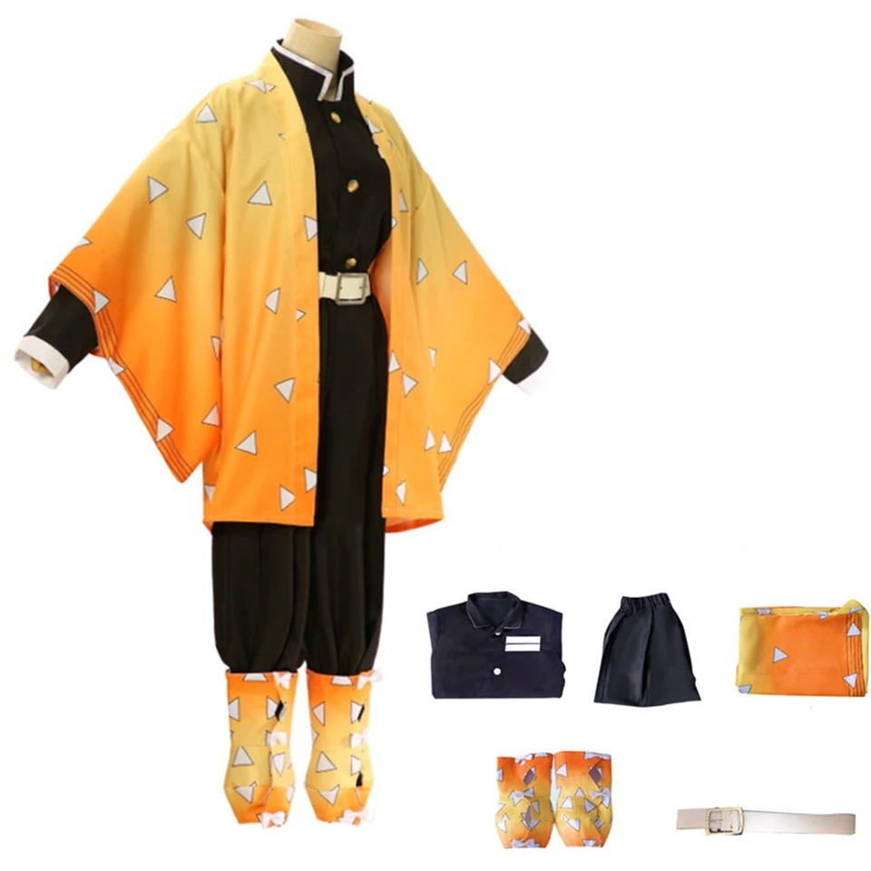 Anime Agatsuma Zenitsu Cosplay Costume Kimono Halloween Clothes Party Uniform Wig Women Kids Party Clothe