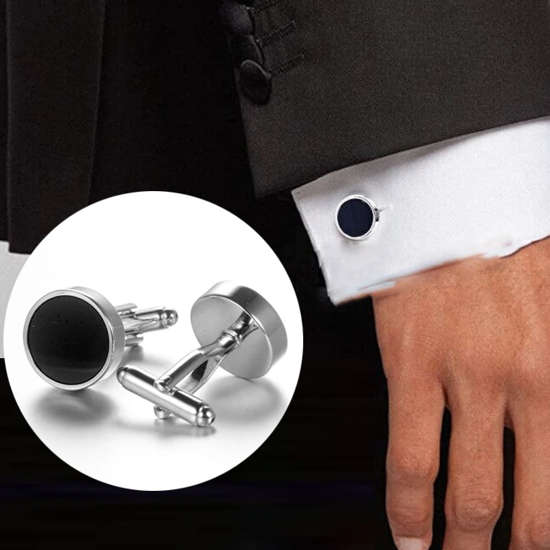 

Men's French Shirt Cufflinks Round Cufflinks Buttons Silver Plated Black Onyx Stone Fashion Hot Selling Sleeve Studs