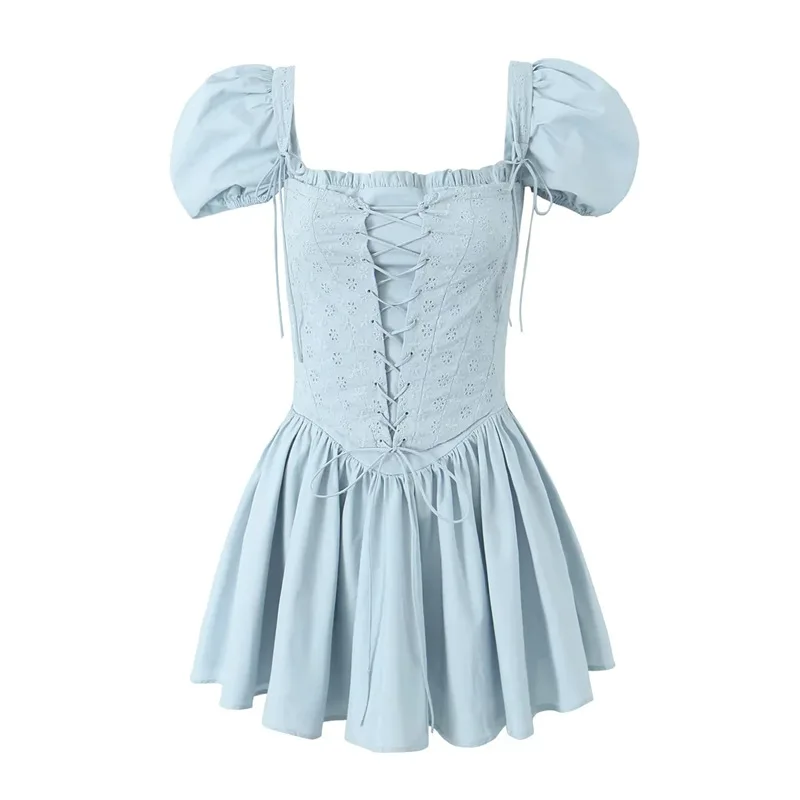 

Women Lace Up Puff Sleeve Maribel Soft Blue Broderie Corset Mini Dress