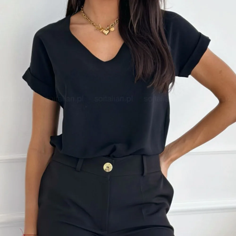 Women Floral Print V Neck Short Sleeve Blouse Top