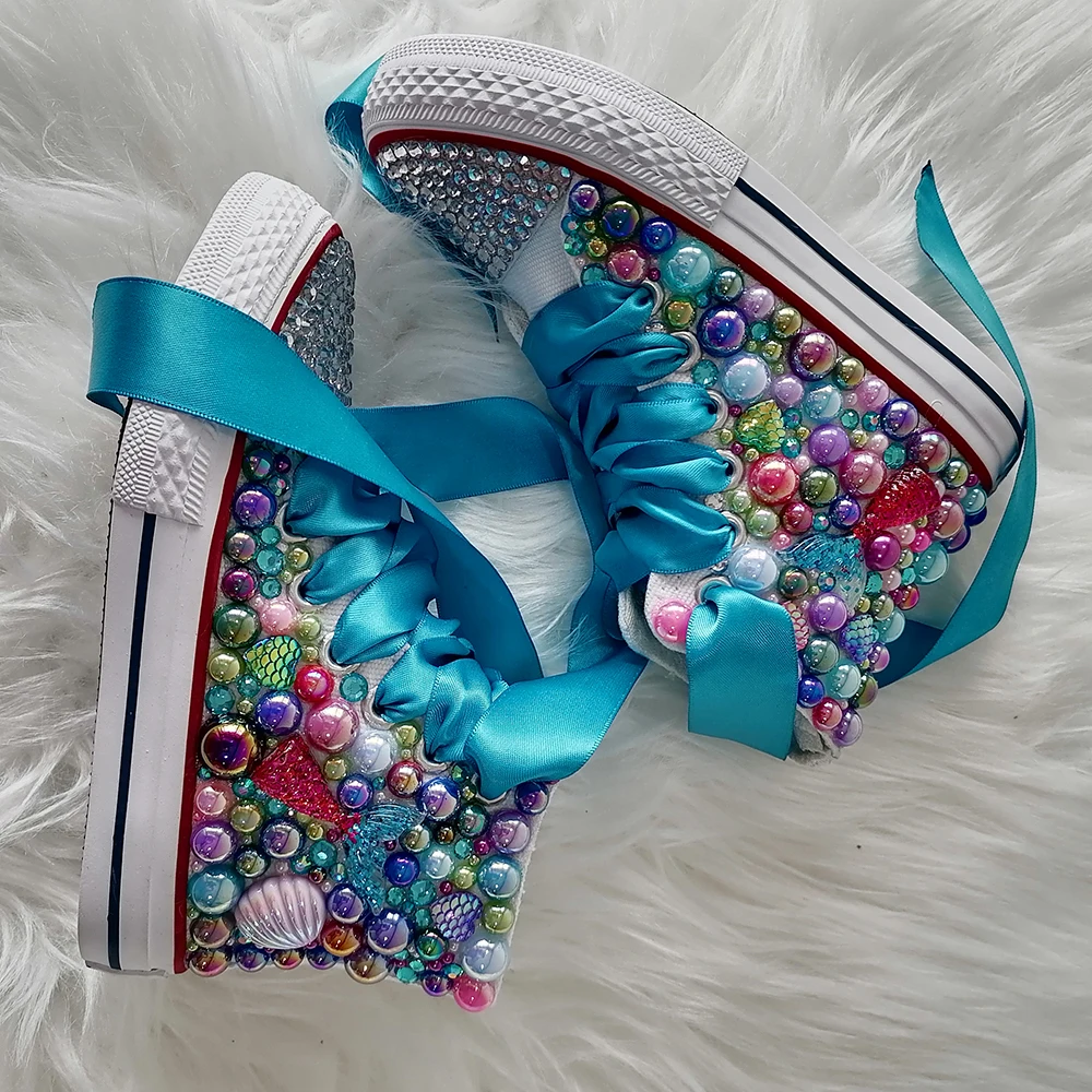 Handmade Rhinestones Bling Girls Womens Kids And Mother Candy Canvas Shoes Pearls Sneakers For Girl Birthday Party Wedding 6