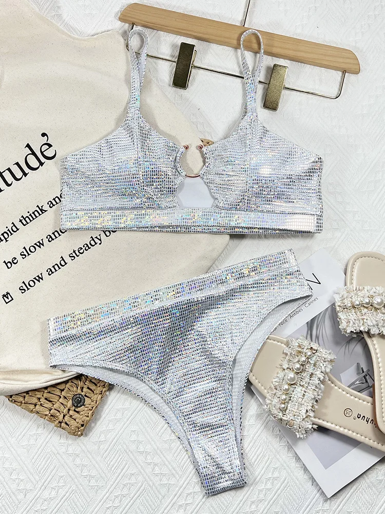 New Shiny Sequins High Waist Bikini Female Swimsuit Women Swimwear Two-pieces Bikini set Padded Bather Bathing Suit Swim Lady