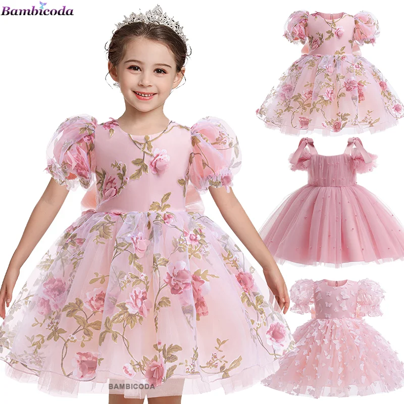 

1-7Years Kids Christmas Party Dresses For Girls Appliques Flower Elegant Wedding Dress With Bow Children Birthday Prom Gown